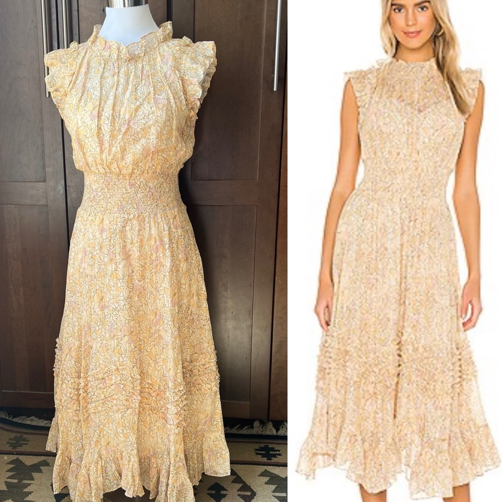 Rebecca Taylor $595 Soleil Smock Dress in Soft Lemon Combo Size S